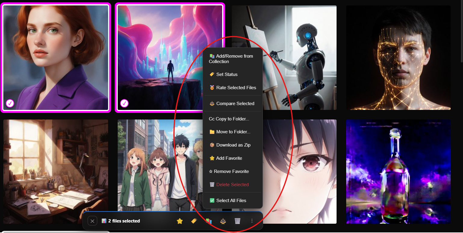 Batch selection bar with context menu expanded showing all batch actions