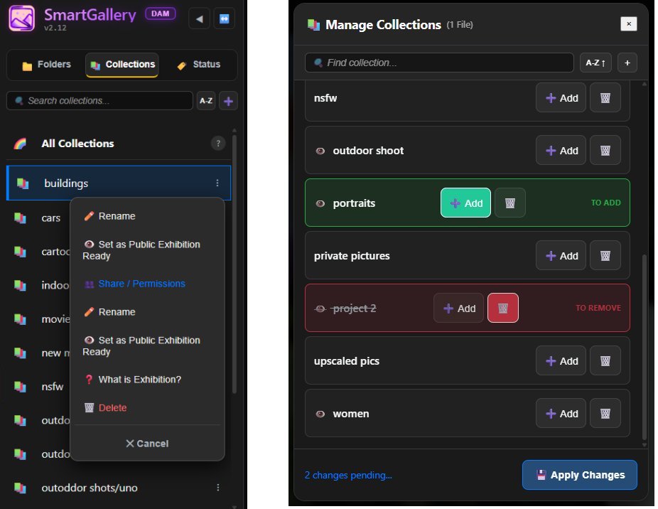Collections sidebar tab with context menu open, and Manage Collections modal on the right