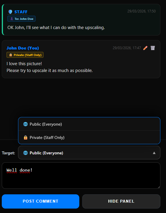 Comments thread showing Direct Message from STAFF to John Doe, and Private Staff Only message from client. Visibility dropdown open with Public and Private options
