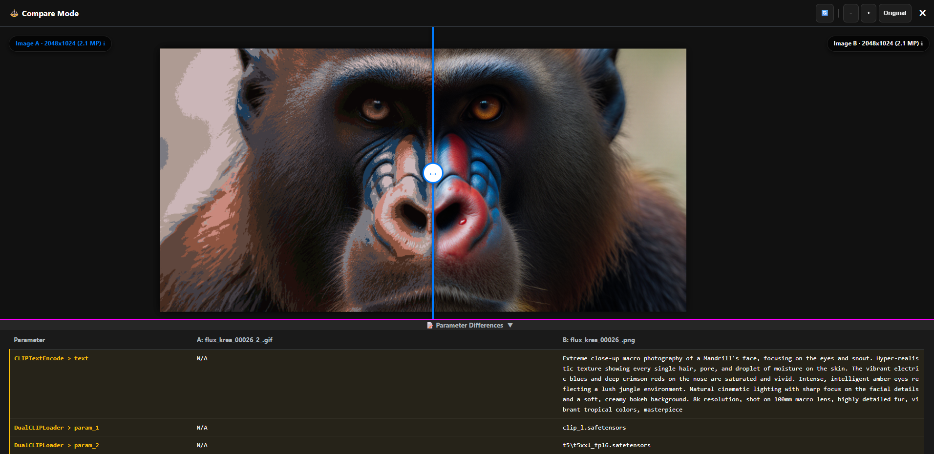 Compare Mode with A/B slider on a mandrill image, and Parameter Differences table below