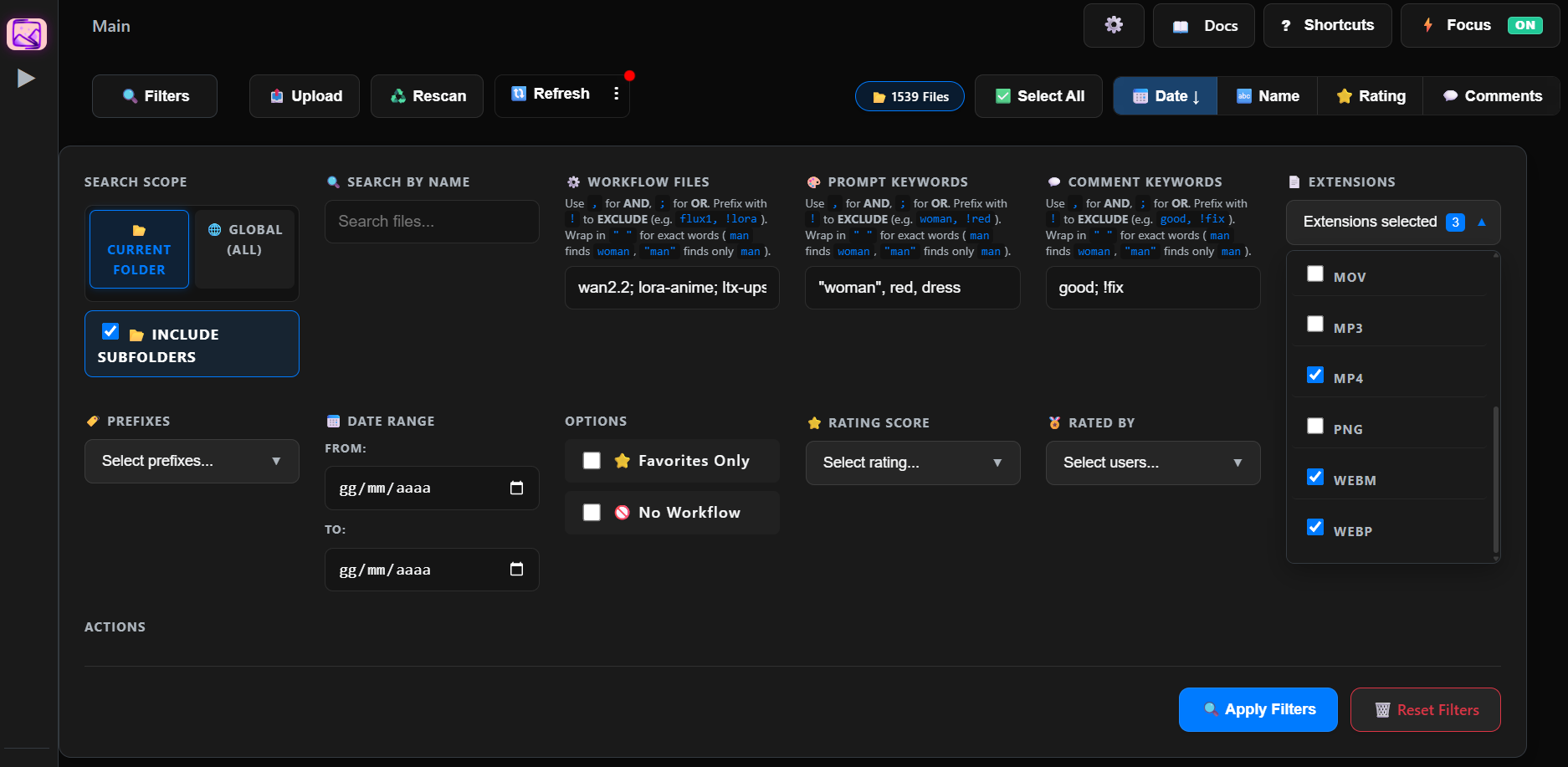 Advanced search panel showing all filter options