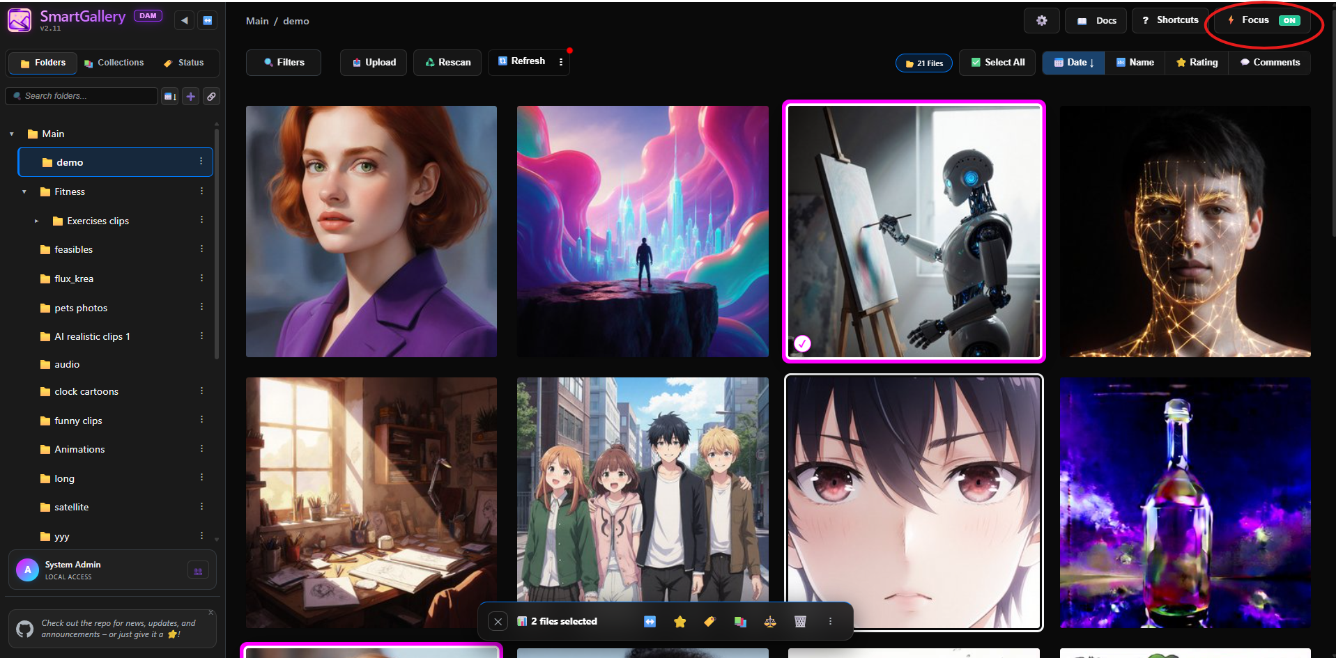 Focus Mode ON — clean grid with fuchsia selection borders