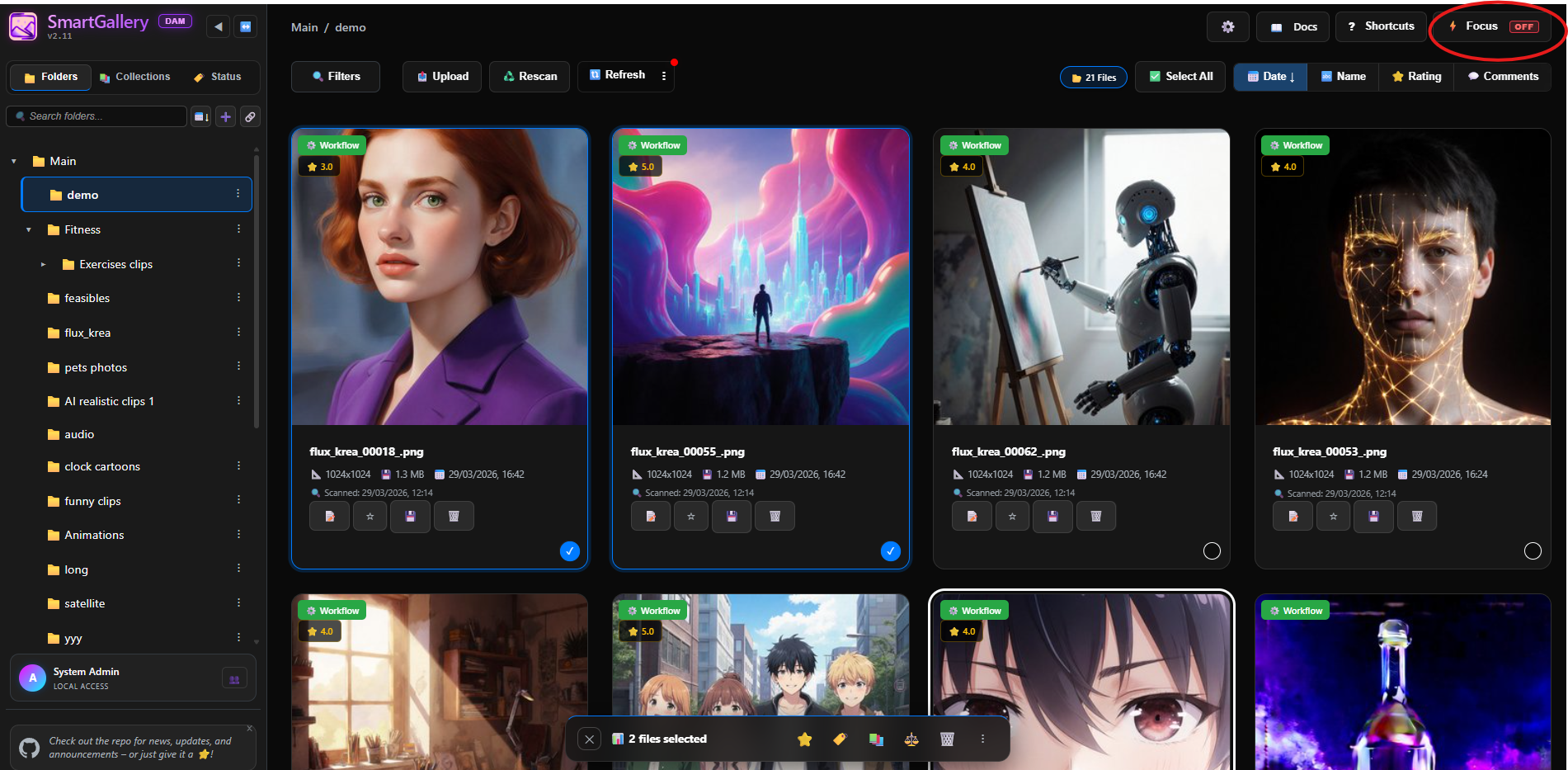 Standard Grid View — Focus Mode OFF, showing hover cards with action buttons