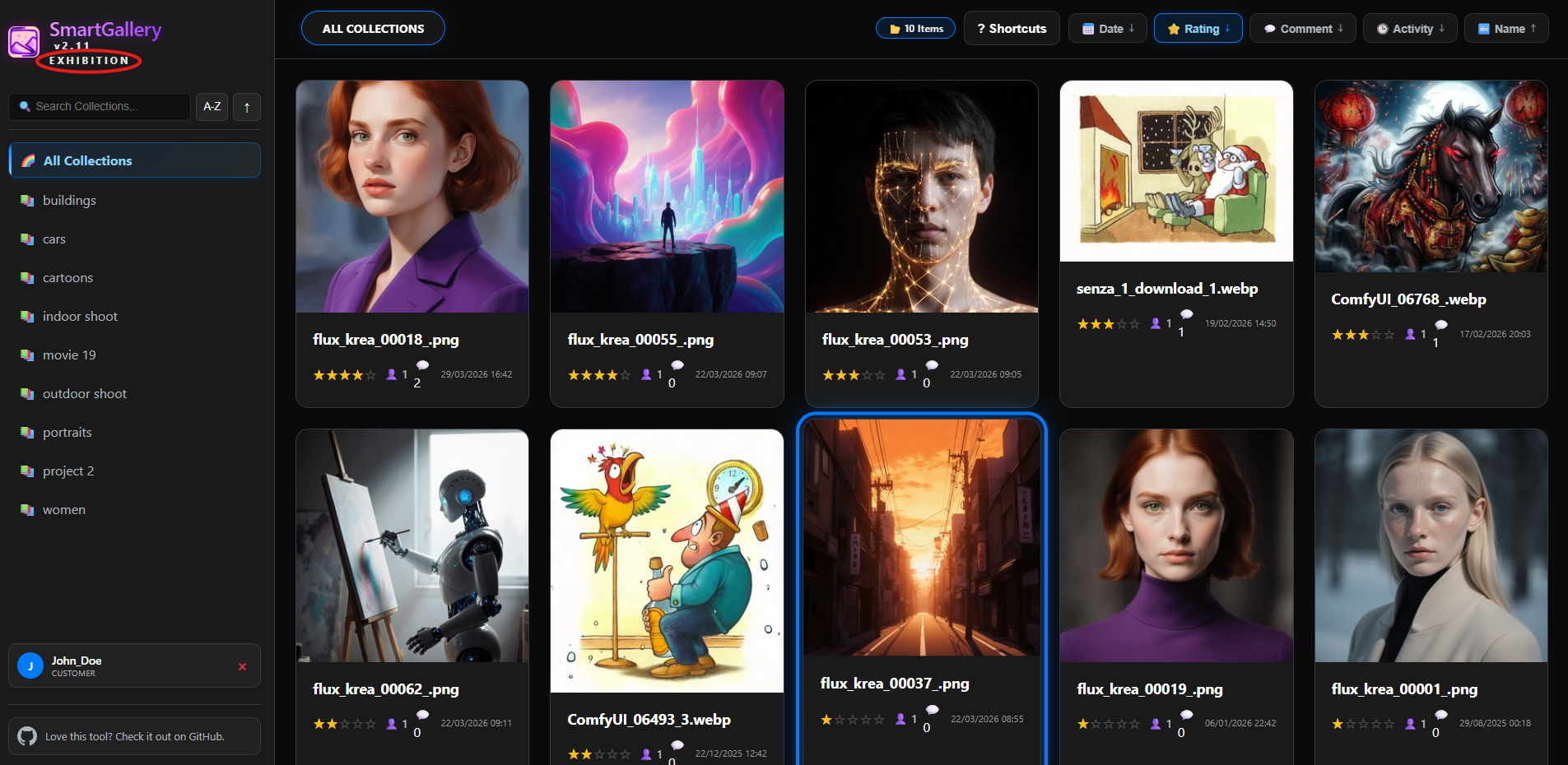 Exhibition Portal grid showing curated collections with ratings and comment counts on each card