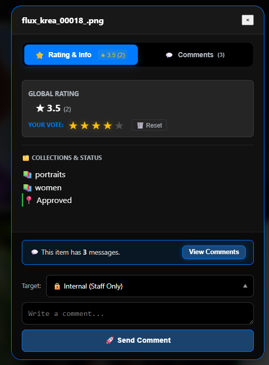 Ratings & Comments panel showing global rating 3.5, your vote, collections & status, comment count