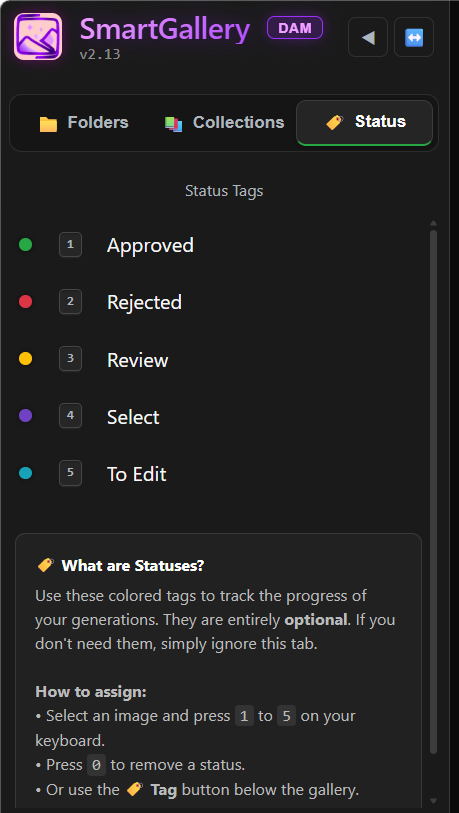 Status tab in the sidebar showing all 5 tags: Approved (green), Review (yellow), To Edit (blue), Rejected (red), Select (purple)