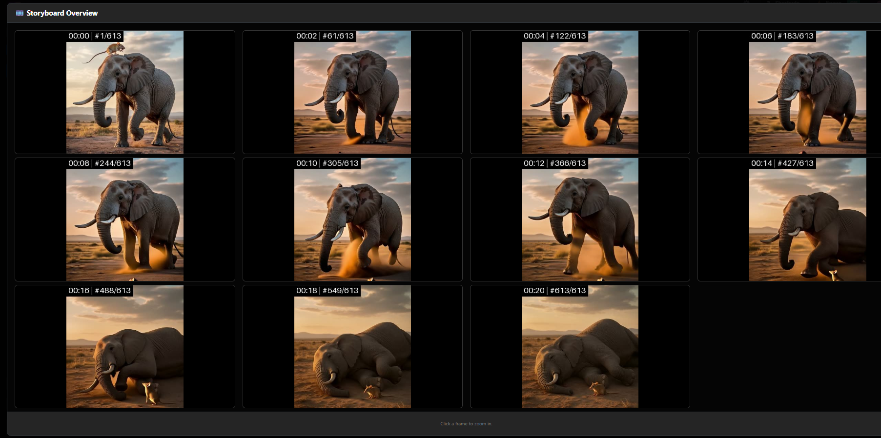Video Storyboard showing 11 evenly-spaced frames of an elephant video