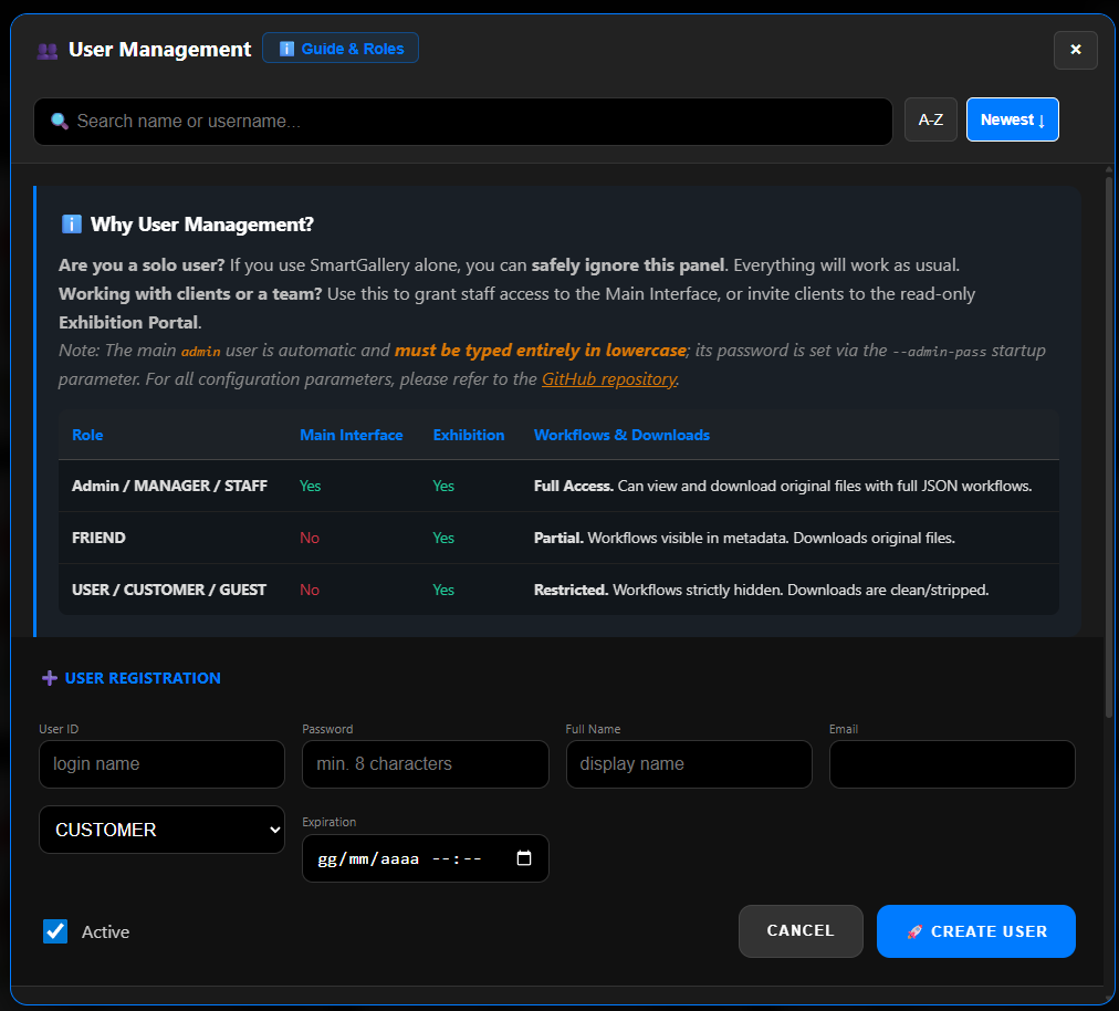 User Management panel with role table and user creation form