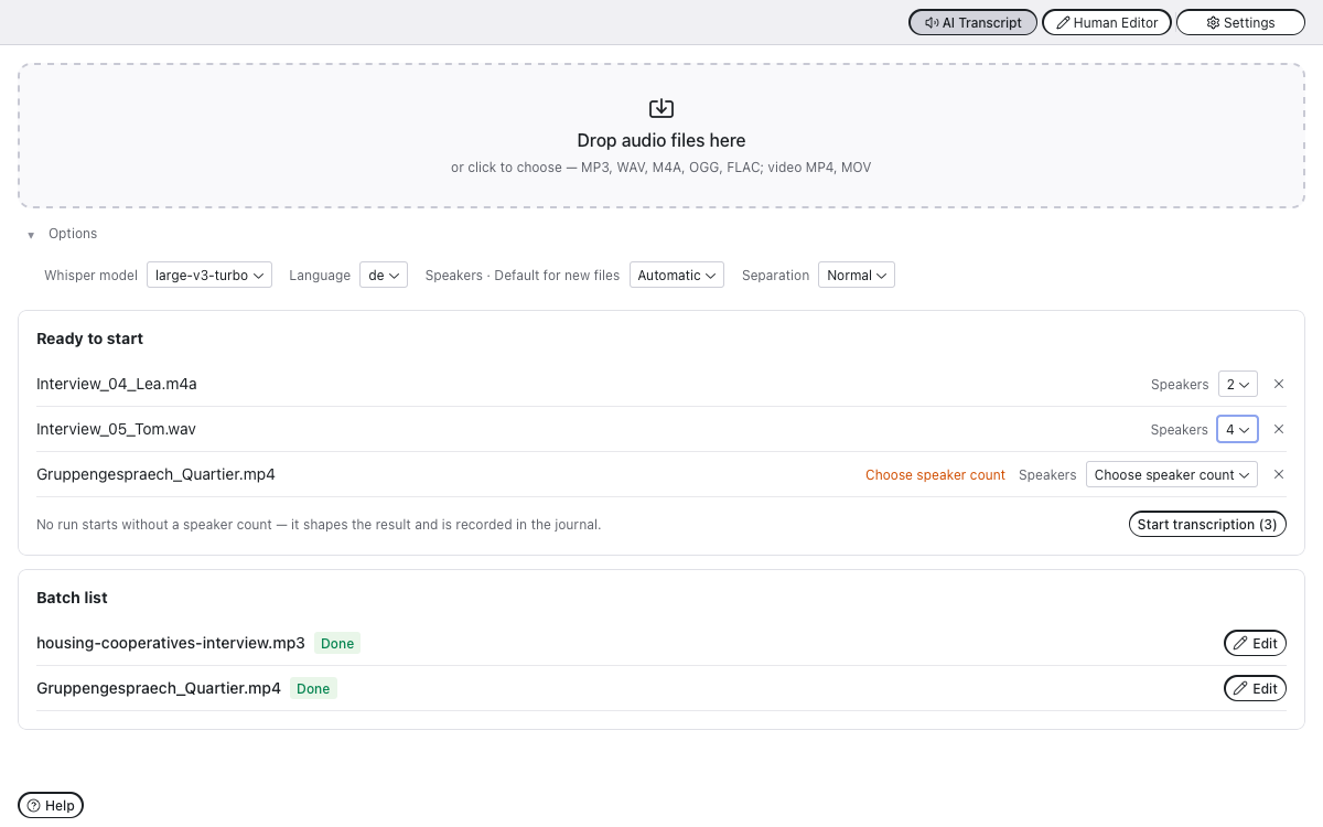 Batch list: files waiting for their speaker count, one run in progress