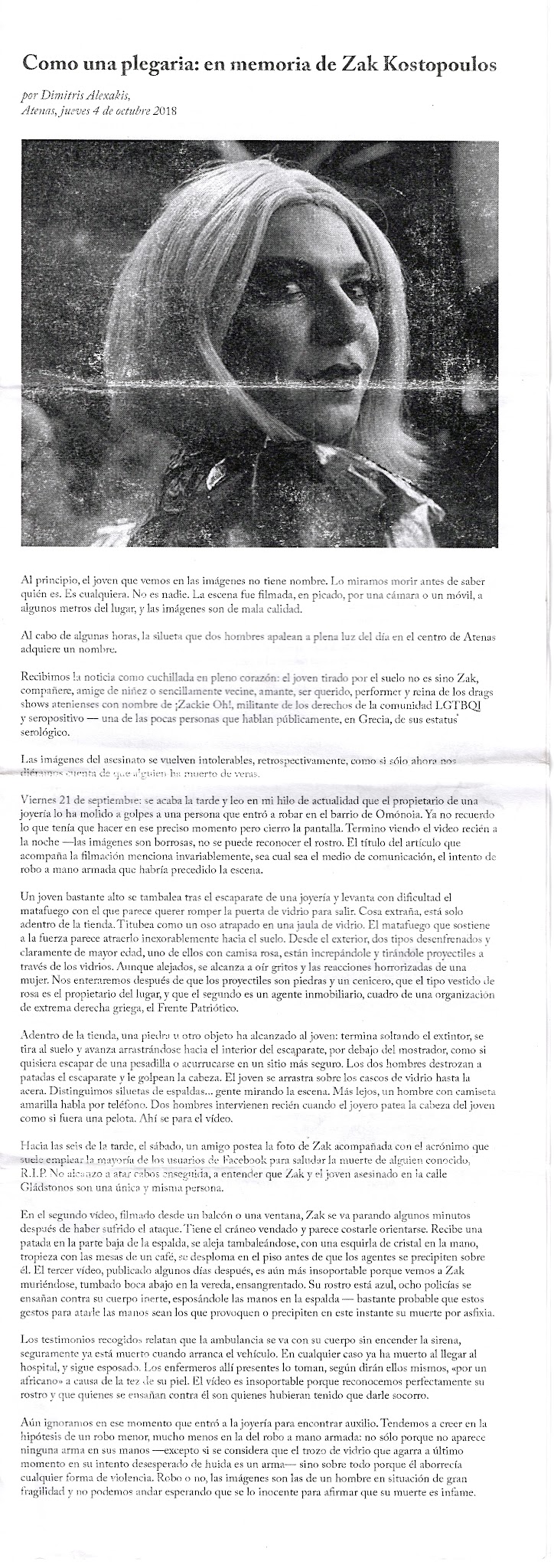 Portada de Como una plegaria: en memoria de Zak Kostopoulos