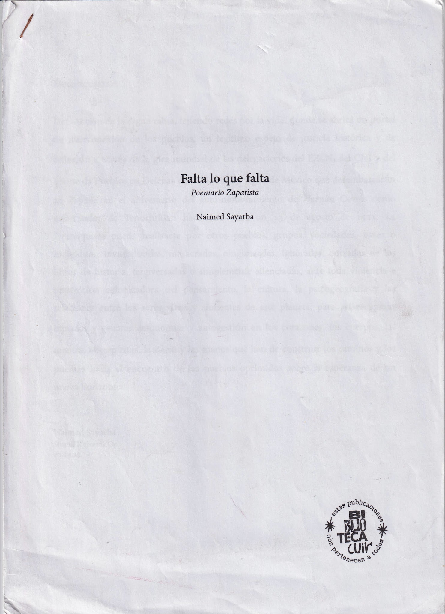 Portada de Falta lo que falta. Poemario Zapatista