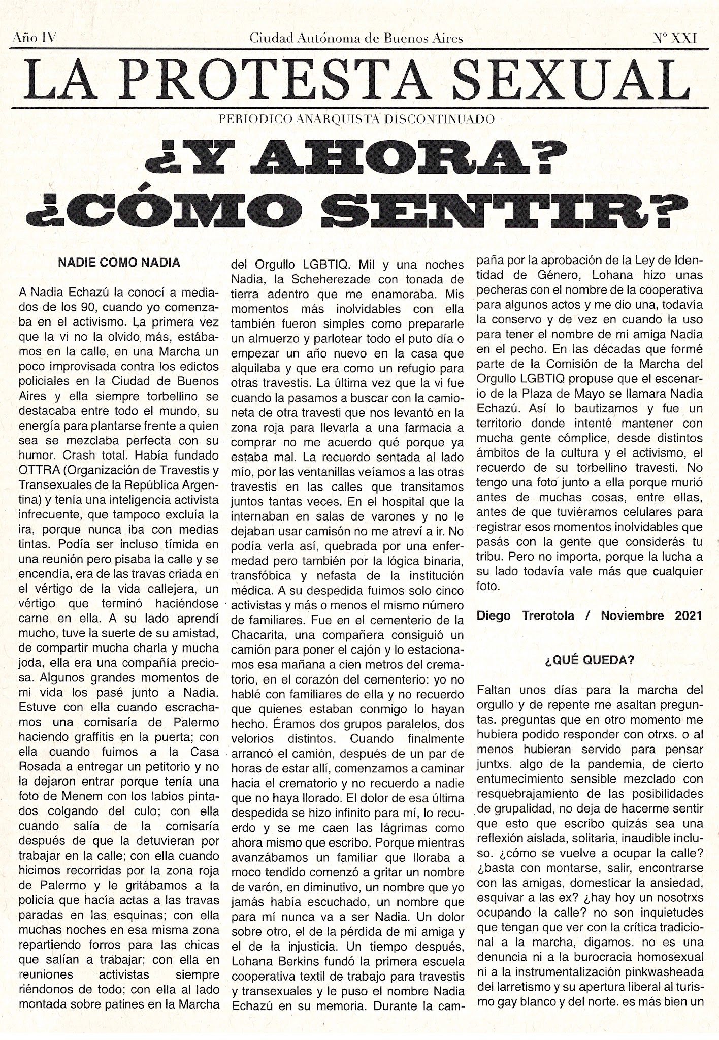 Portada de La protesta sexual N XXI Año IV