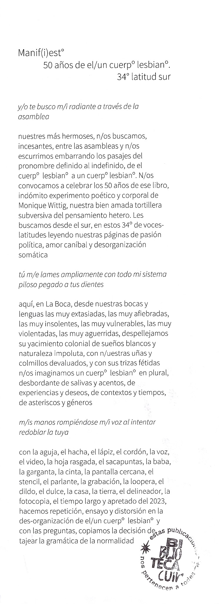 Portada de 50 años de el/un cuerpo lesbiano. 34° latitud sur