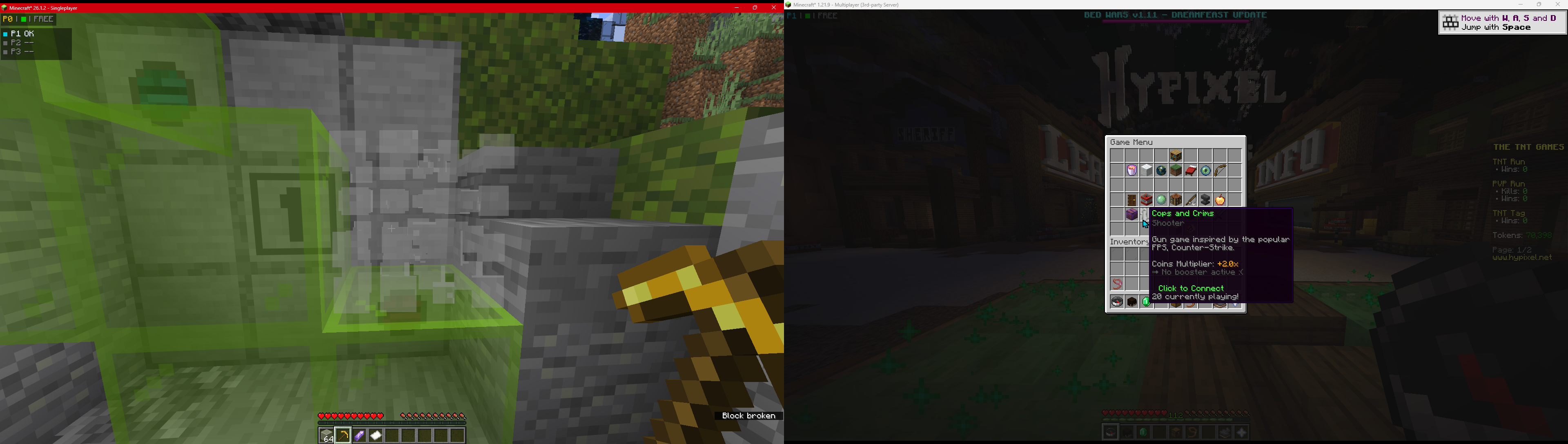 Two Minecraft instances controlled by two local players