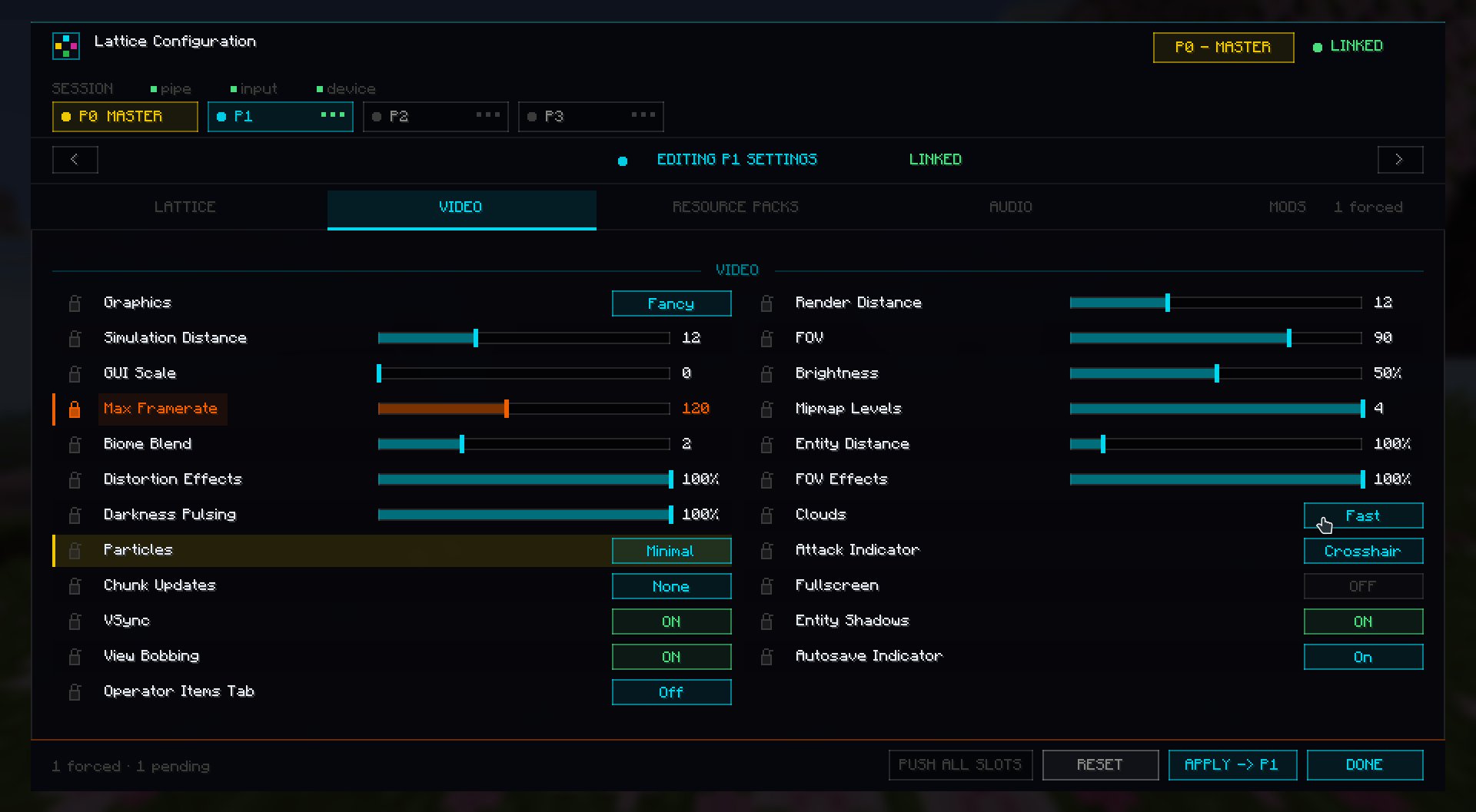 Lattice master settings screen
