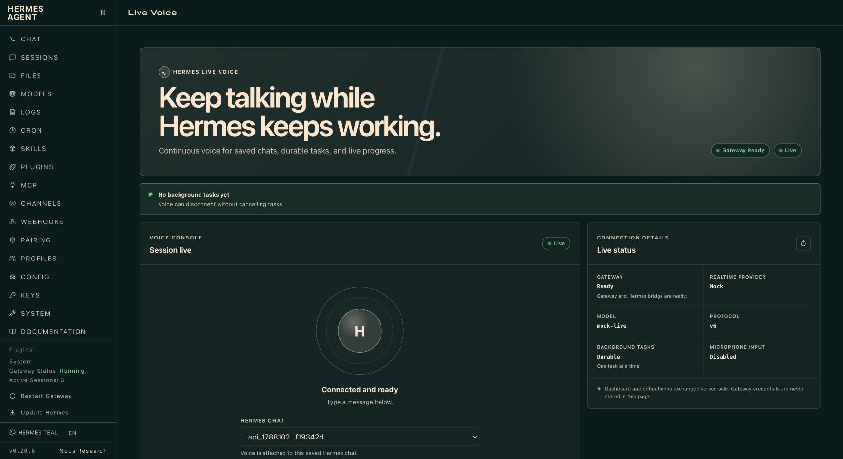 Hermes Live Voice running as a connected tab inside the native Hermes Dashboard