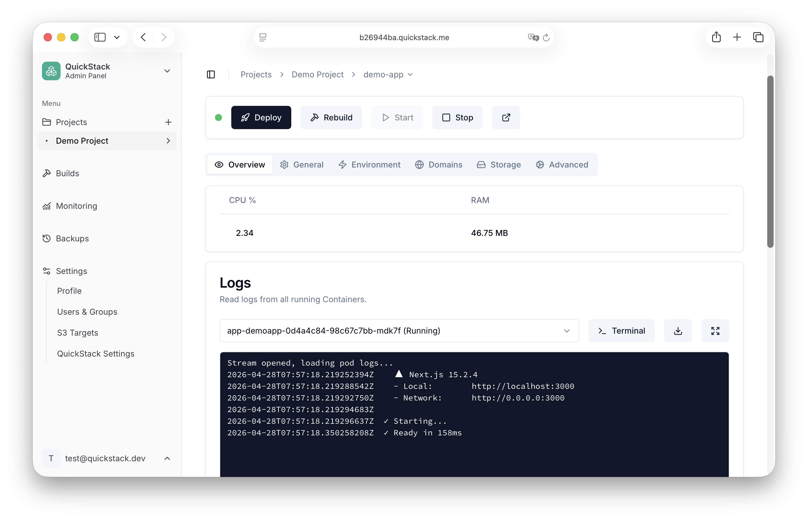 QuickStack app settings
