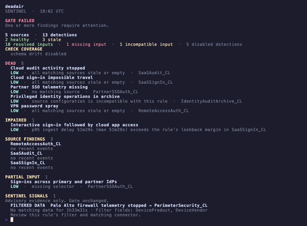 deadair scan of a disposable Microsoft Sentinel lab showing missing, stale, late, and incompatible telemetry