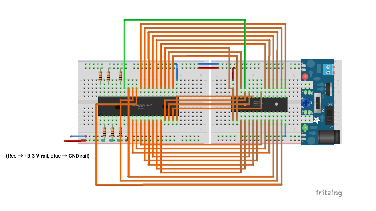 Wiring diagram of the W65C02S connected to the AS6C62256-55PCN RAM