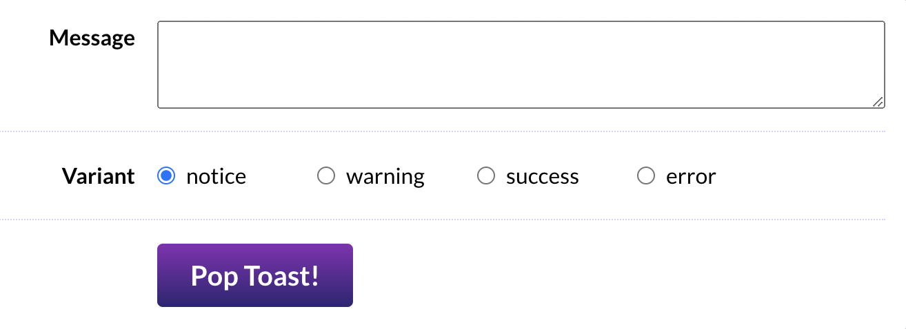 Image showing a textarea and set of radio buttons, along with a “Pop Toast!” radio button