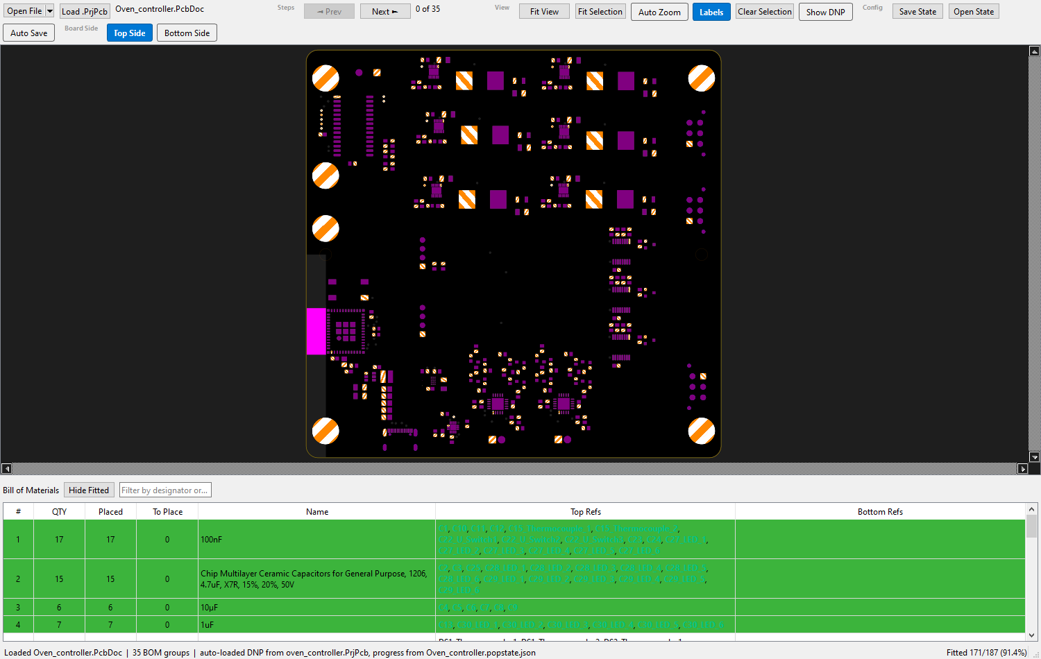 Board loaded — overview with the BOM table populated below
