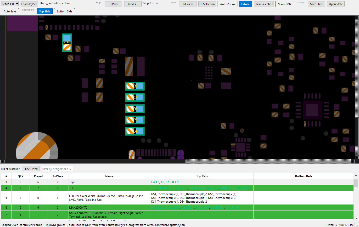 Placed components with green border boxes and bold green refs in the BOM