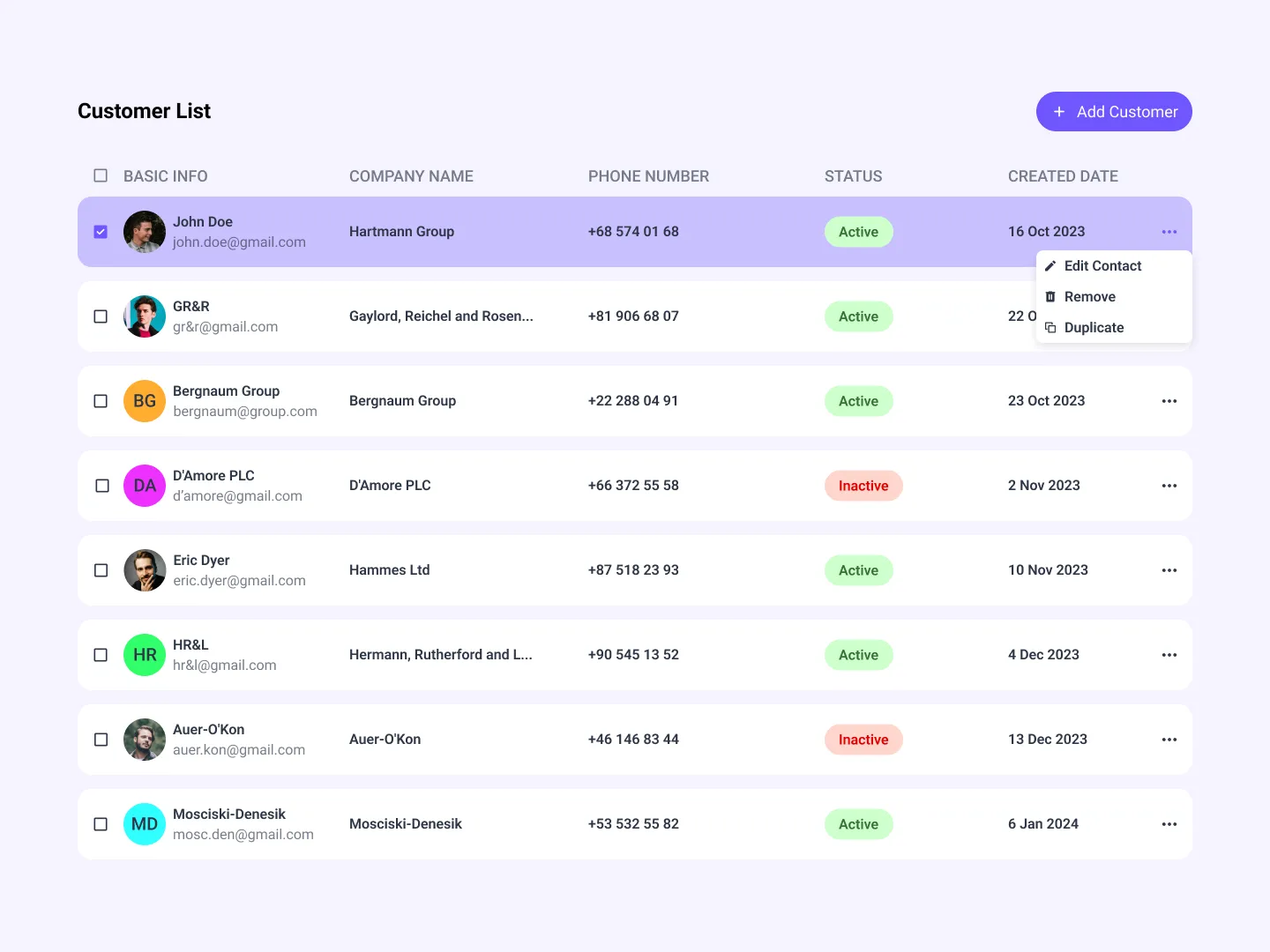 Customer List Design