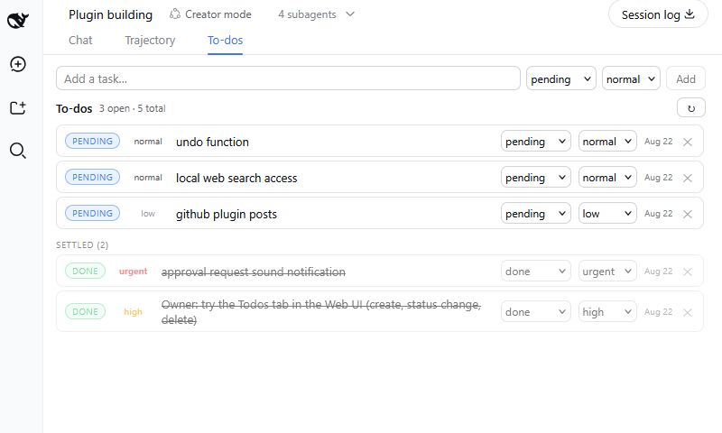 To-dos tab in the DSH web GUI