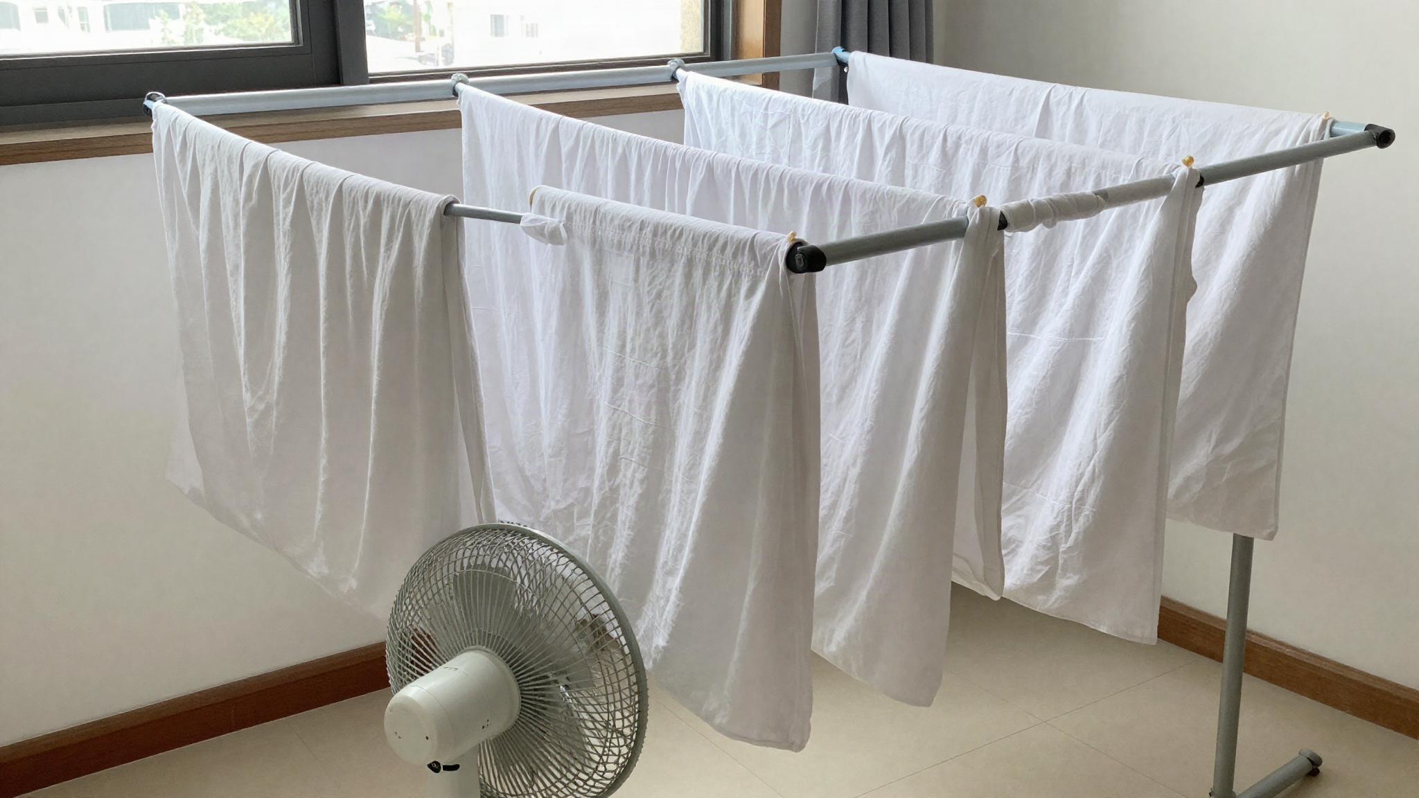 베개커버와 시트를 실내 건조대에 널고 선풍기로 말리는 모습