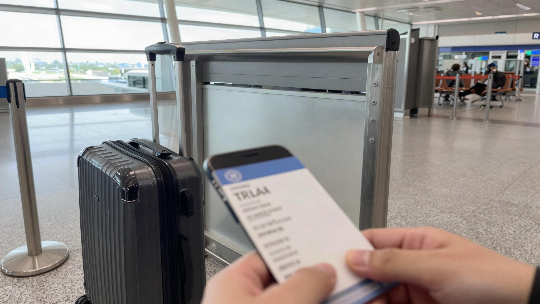 공항 탑승구 근처 수하물 사이즈 측정 틀 옆에 세워 둔 기내용 캐리어