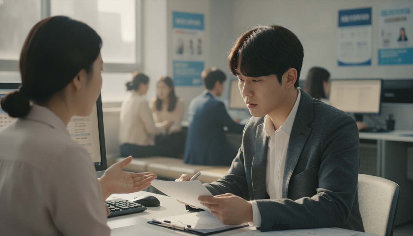 중장년 구직자가 고용센터 상담 창구에서 상담받는 모습