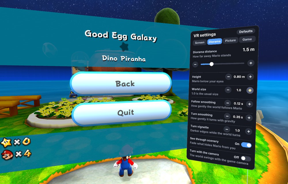 The pause menu with the VR settings panel