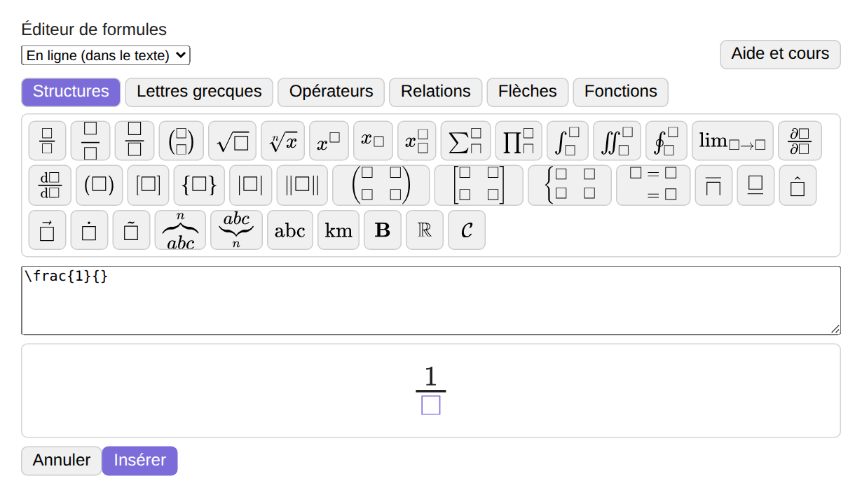 The formula editor with a fraction being written