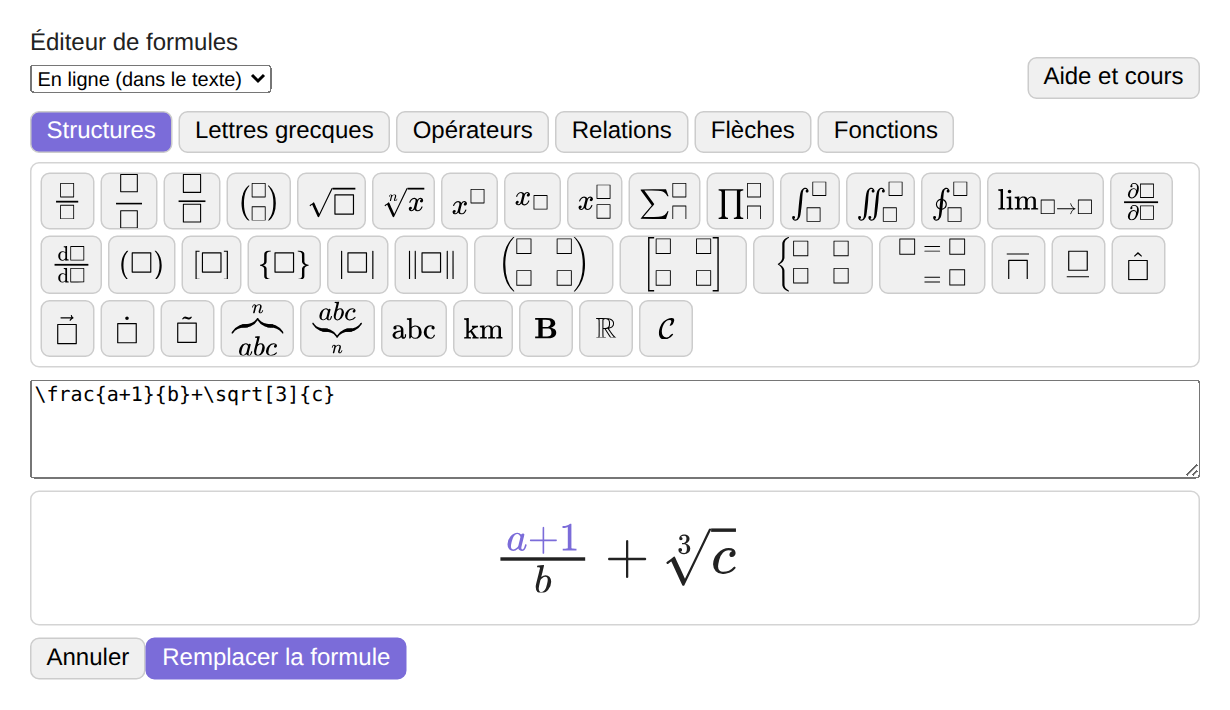 A part of the formula chosen by double-clicking the preview