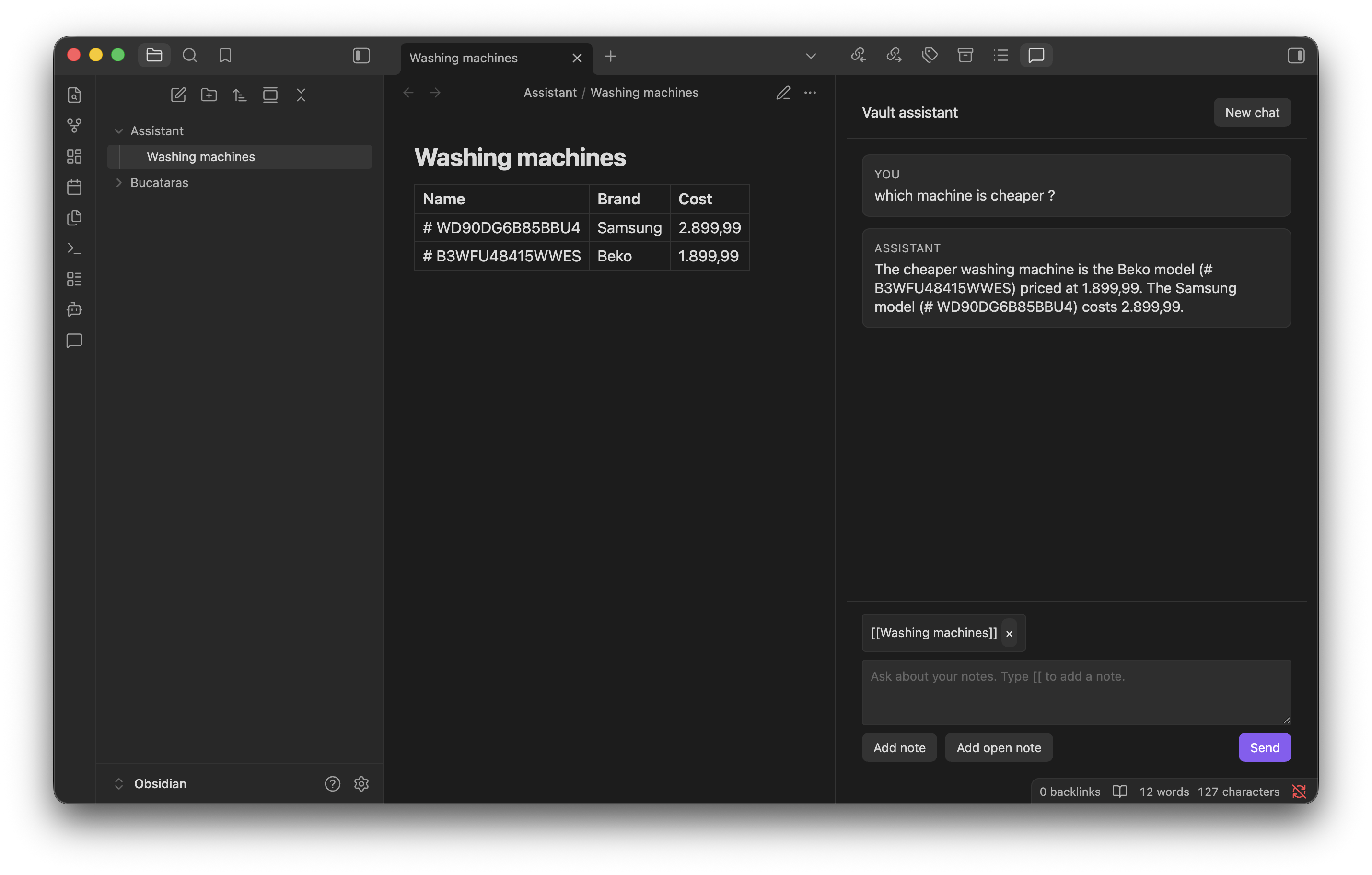 Vault Assistant chat in the sidebar, answering a question about a referenced note