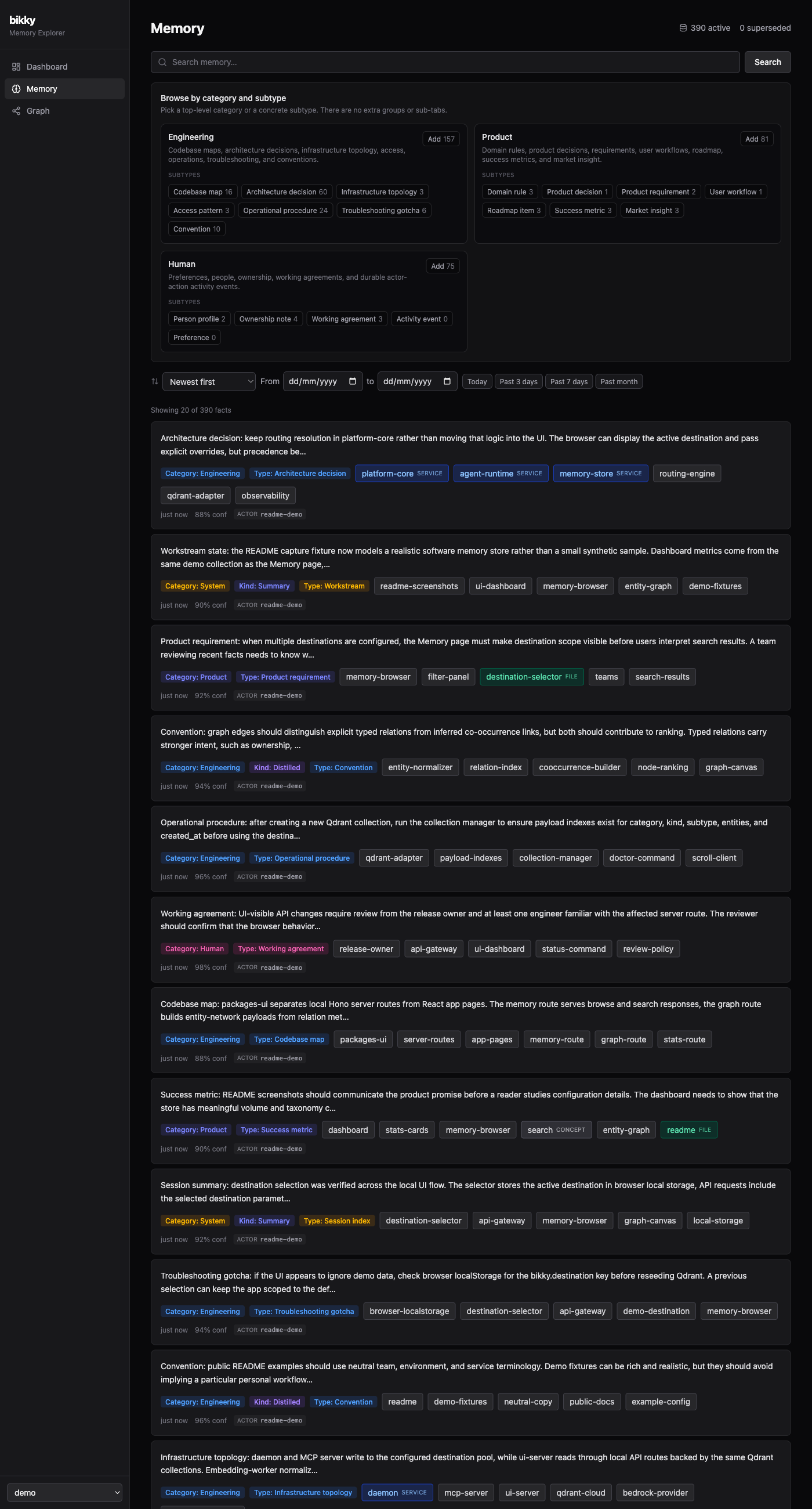Memory browser — search, filter, and browse current user-facing memories