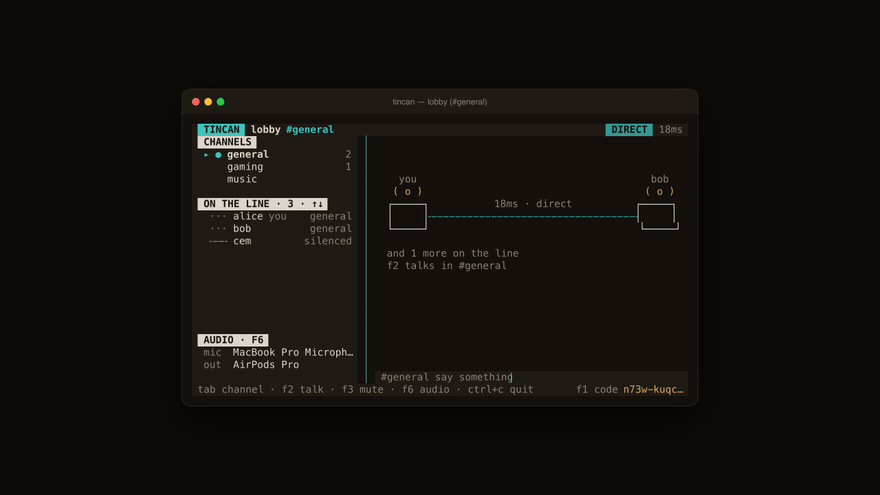tincan terminal demo: Screen Studio style animated overview showing real-time audio meters, travelling pulse latency, chat messaging, and audio settings transition.