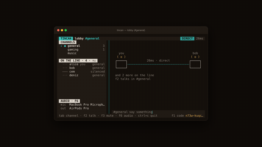 tincan terminal demo: Screen Studio style animated overview showing real-time audio meters, travelling pulse latency, chat messaging, and audio settings transition.