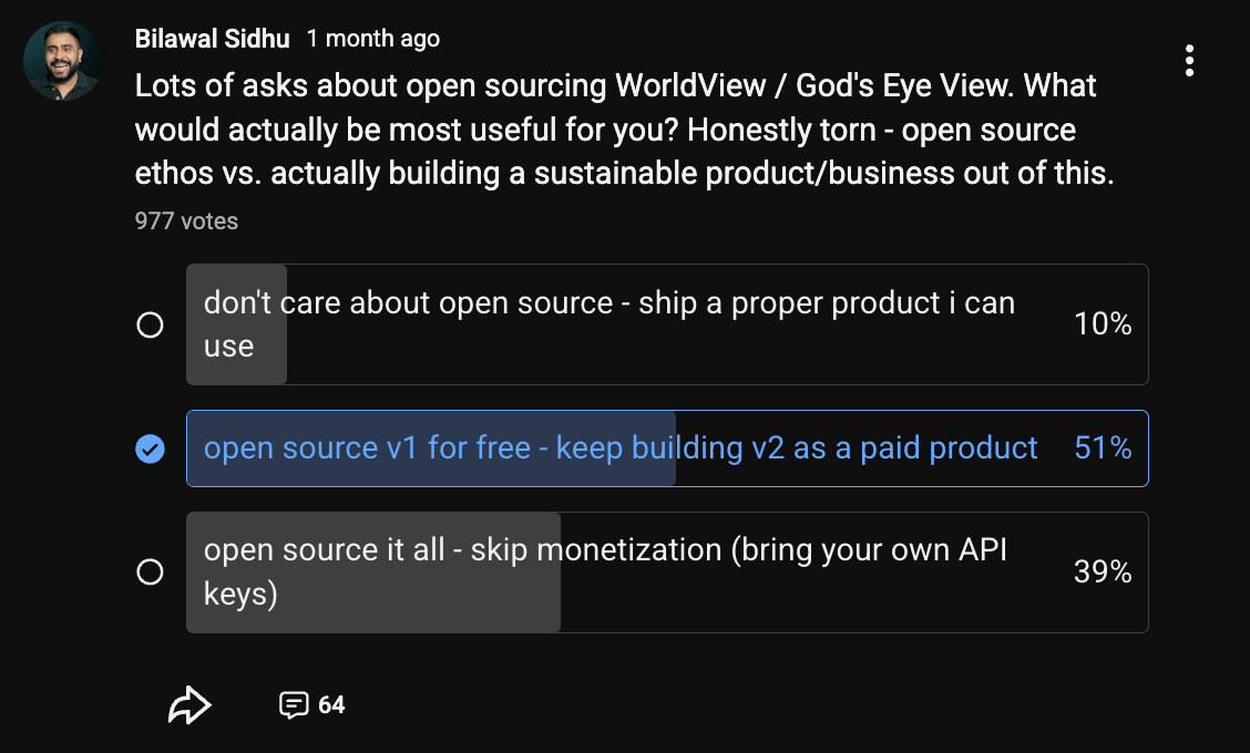 Community survey on open-sourcing God's Eye View