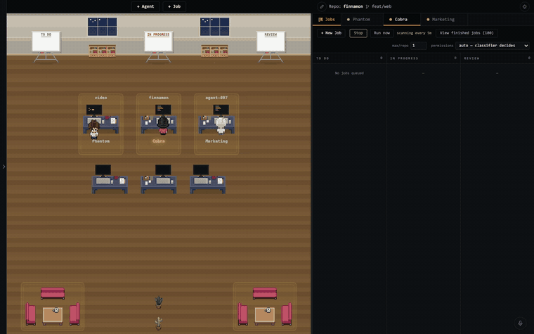 An agent walks to its desk and starts work, a job card is posted and dispatched to a second desk, and an agent turns orange when it stops to ask a question