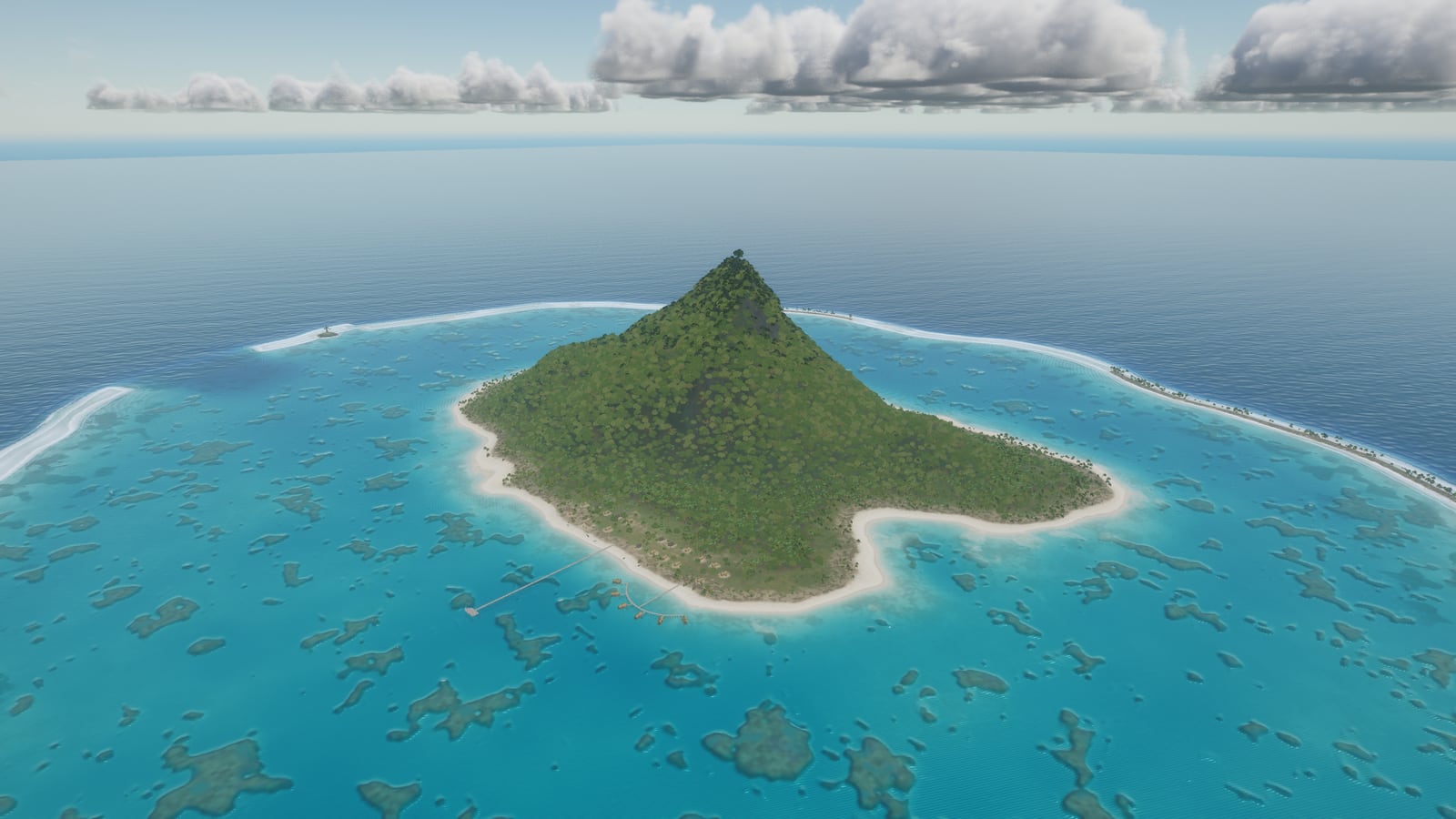 The whole atoll from the air: a barrier reef ring, turquoise lagoon and one forested peak