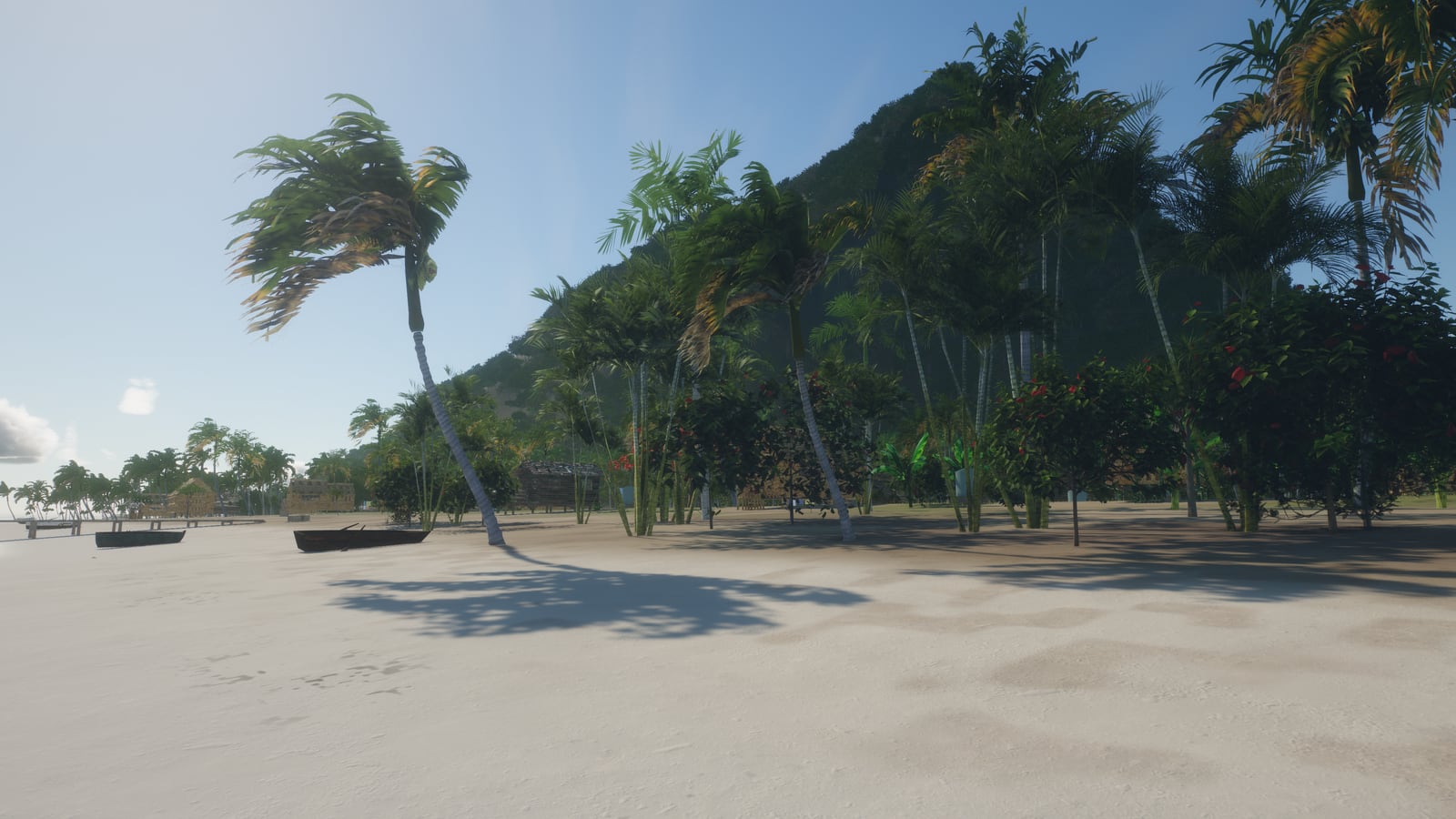The village beach, leaning coconut palms and outrigger canoes
