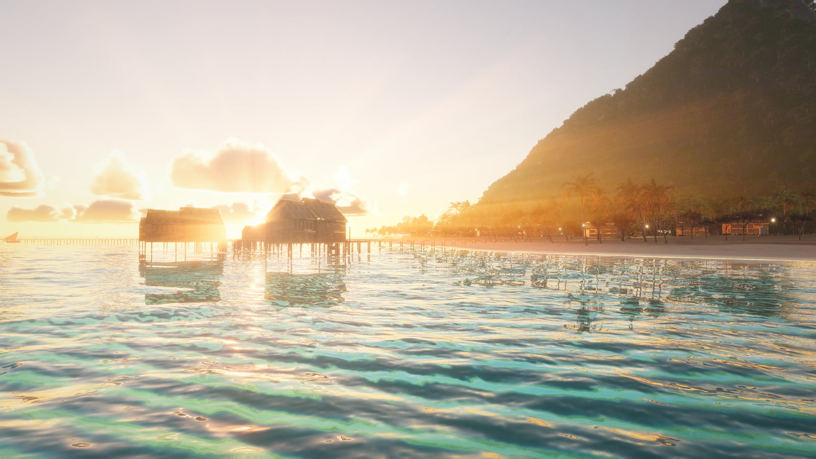 Overwater bungalows silhouetted against a low sun