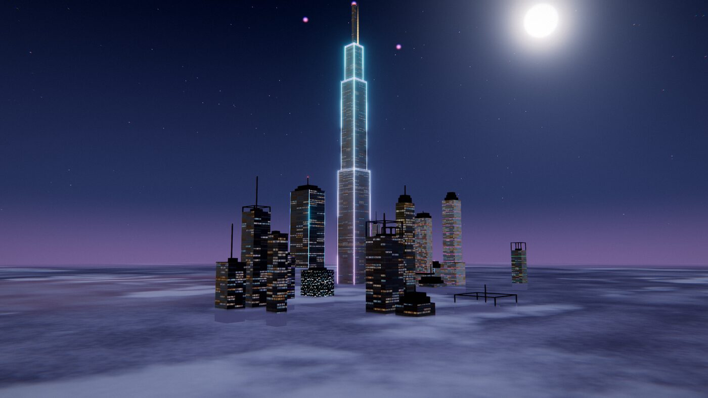 The Zenith spire rising through the cloud deck under the moon