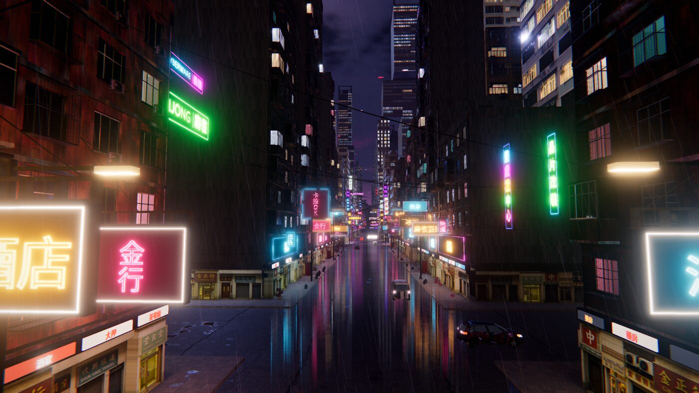 Temple Street at street level, neon signs and rain