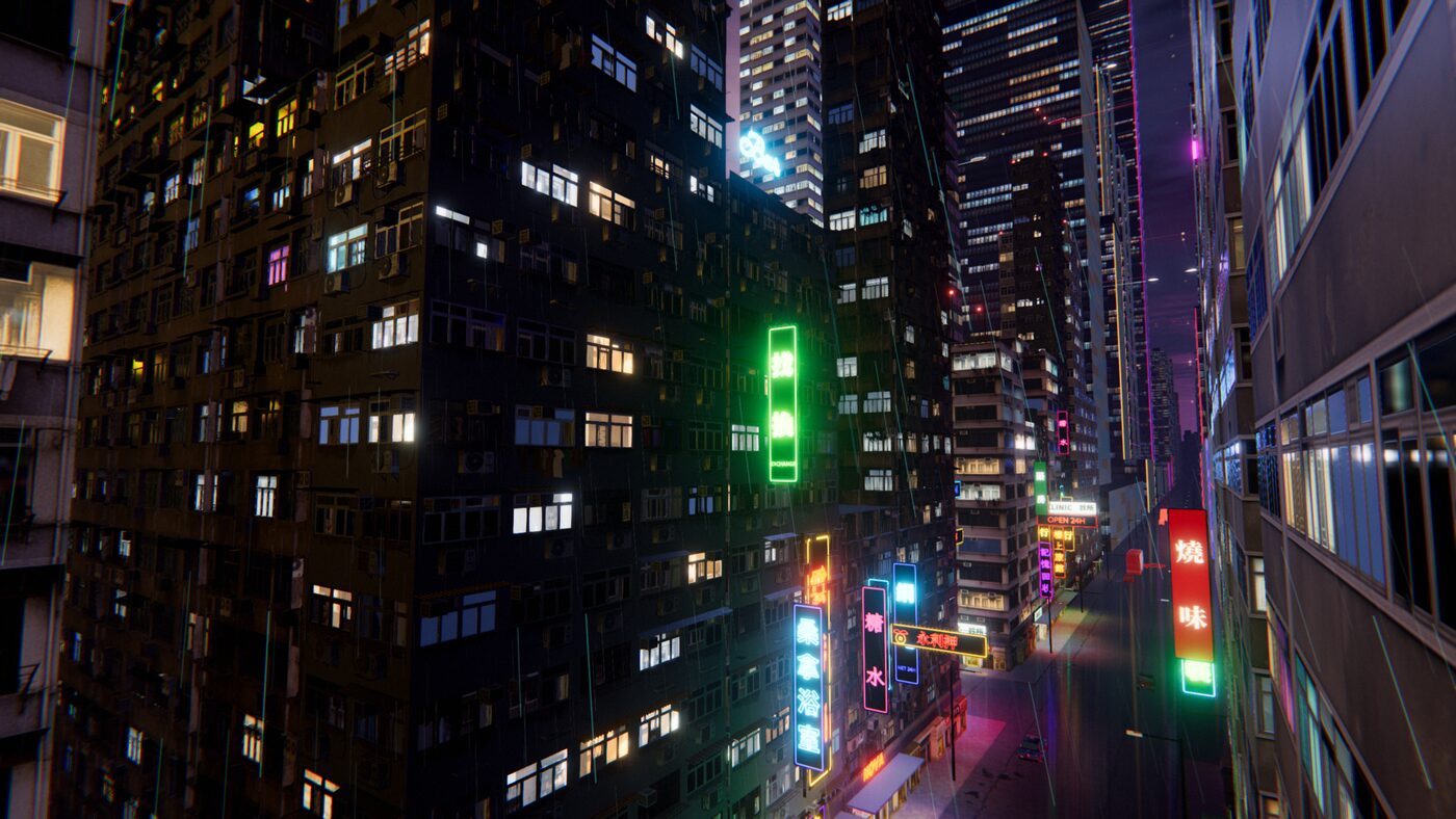 Tenement blocks with vertical neon signs