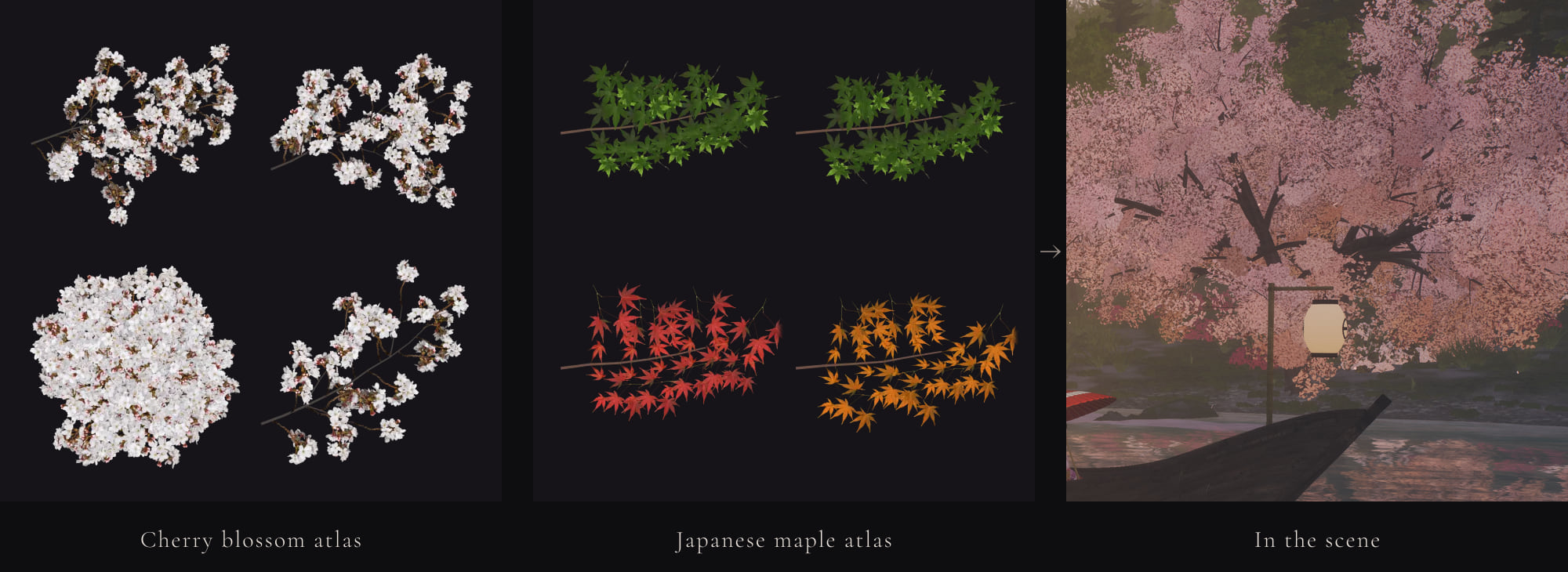 Scanned blossom and maple leaves baked into atlases, and the same leaves in the scene