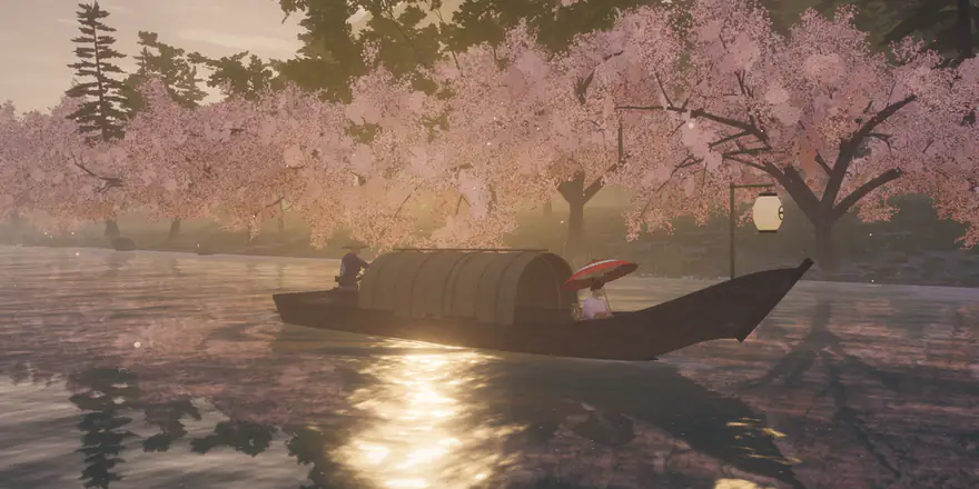 A reed-roofed boat drifts under cherry trees at dawn, its lantern lit, the low sun on the water