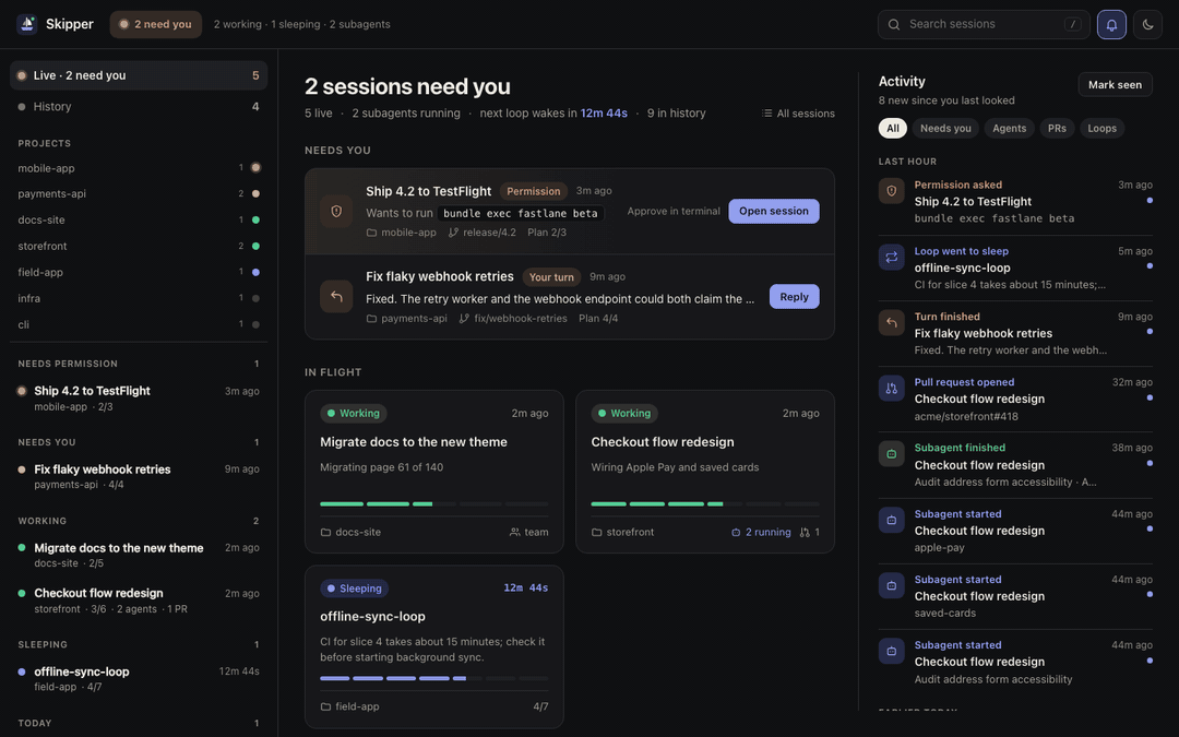 Skipper tour: the attention queue, a session with subagents, a permission prompt, a sleeping loop and a team task list, across five themes
