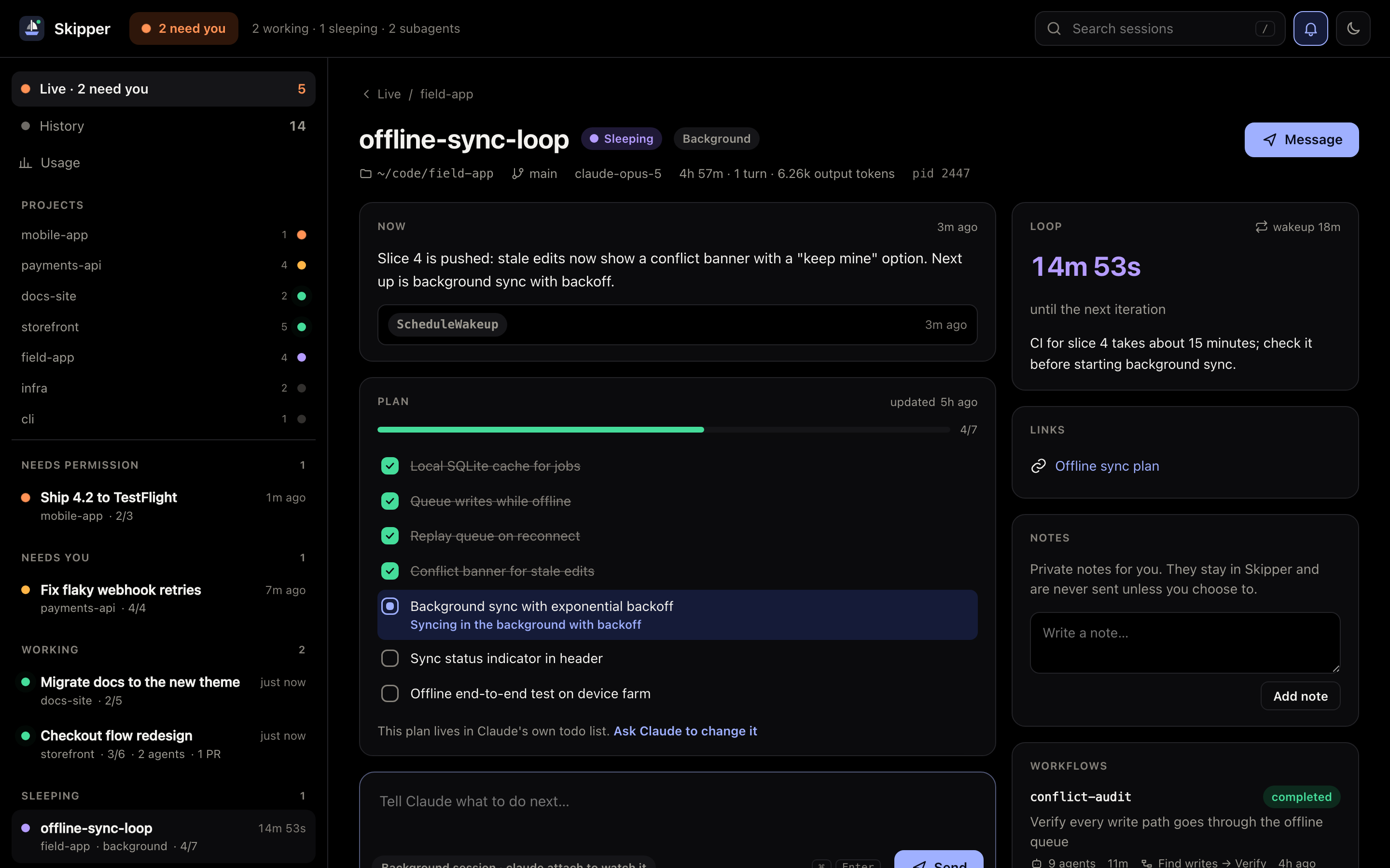 A sleeping /loop with its countdown and workflow run in the Midnight theme
